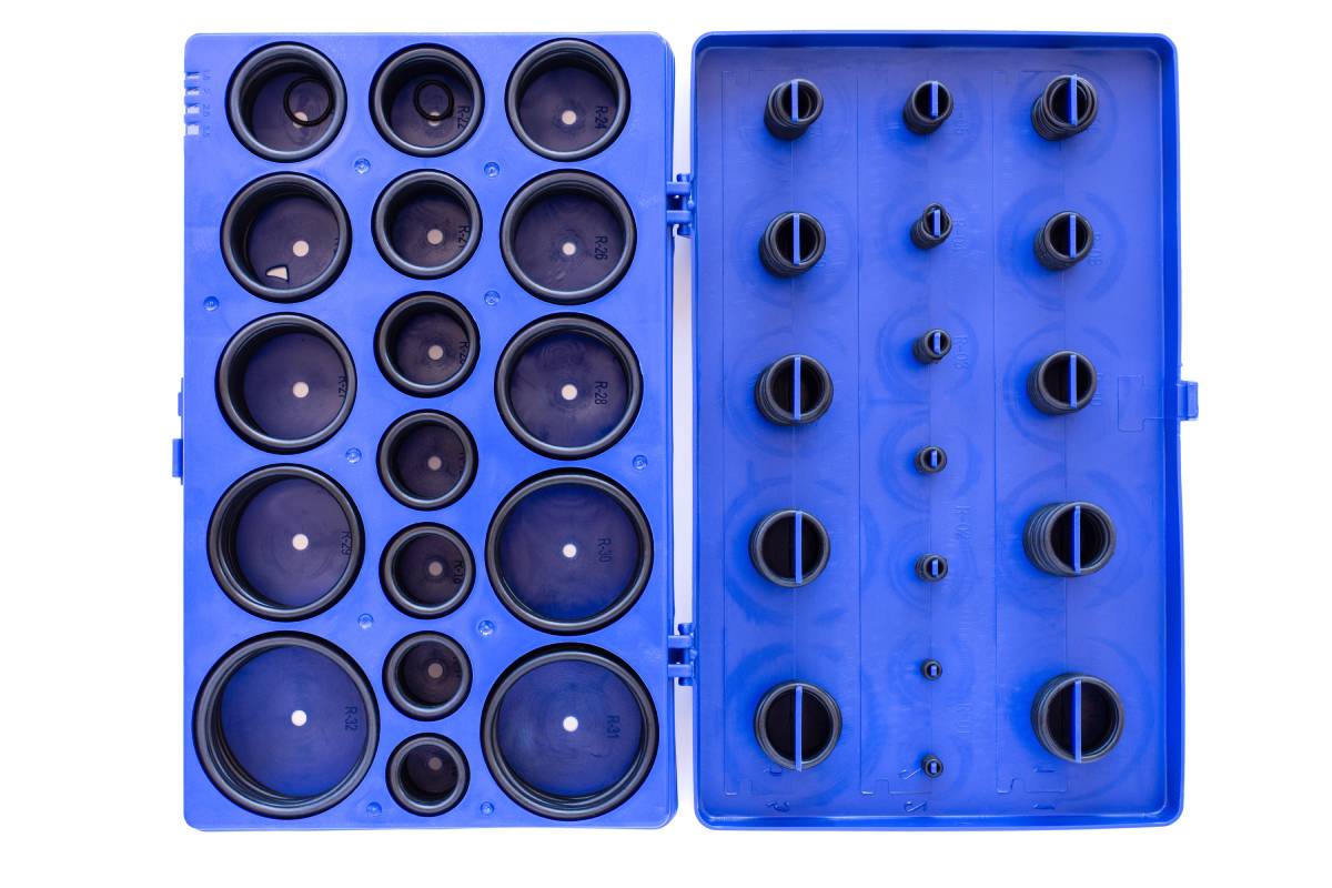 A large set of nitrile rubber O-rings in a blue case at I.B. Moore Manufacturing near Lexington, KY